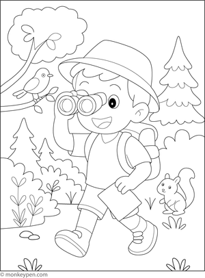 Boy exploring with a backpack, surrounded by nature, ready to be colored.  