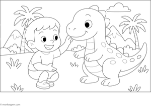 Boy playing with a pet dinosaur in a fantastical setting, ready to be colored.
