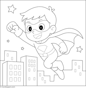 Boy dressed as a superhero, standing confidently with a cape, prepared to be Colored.