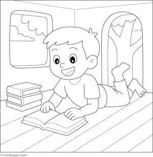 Boy reading a book in a treehouse, surrounded by nature, ready to be Colored.