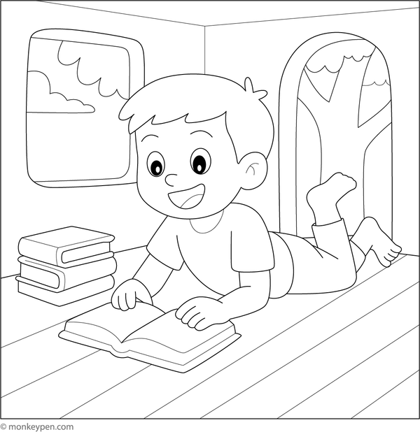 Boy reading a book in a treehouse, surrounded by nature, ready to be Colored.