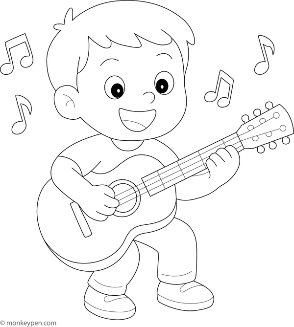 Boy playing a musical instrument, with musical notes around, ready to be Colored.