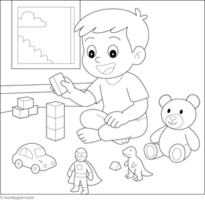 Boy playing with Colorful blocks and toys, surrounded by playful items, ready to be Colored.