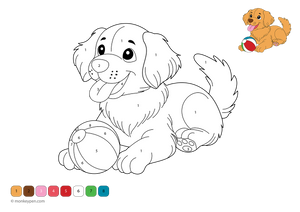 Free downloadable color-by-number worksheet showing a playful dog with a ball, featuring numbered sections on the fur, toy, and background—perfect for kids to build number skills while enjoying a fun dog-themed activity.