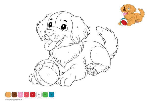 Free downloadable color-by-number worksheet showing a playful dog with a ball, featuring numbered sections on the fur, toy, and background—perfect for kids to build number skills while enjoying a fun dog-themed activity.