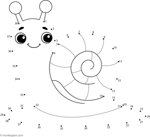 Worksheet with dots that, when connected, depict a cartoon snail with a spiral shell for coloring