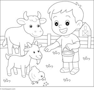 Boy feeding farm animals, including chickens, goats, and cows, near a barn, ready for Coloring.