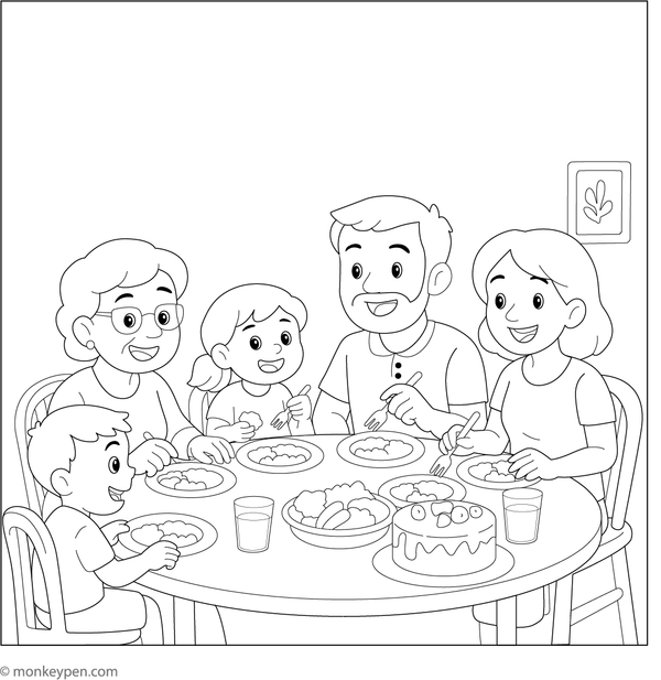 Family gathered around the dinner table, enjoying a meal together, prepared for Coloring.