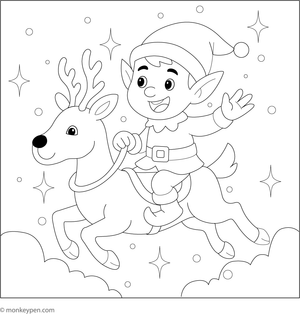 Illustration of an elf riding a reindeer through a snowy landscape, ready for children to color.