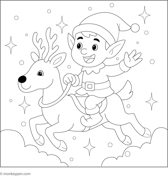 Elf Riding a Reindeer - Free Printable Coloring Page