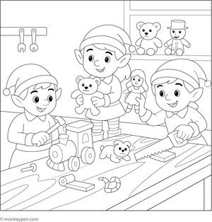 Illustration of elves building toys in Santa's workshop, with tools and festive decorations, for children to color.