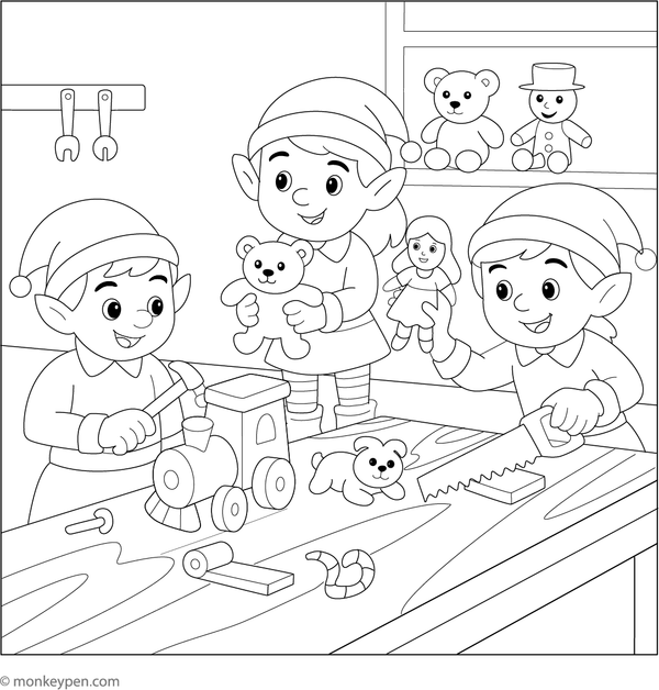Illustration of elves building toys in Santa's workshop, with tools and festive decorations, for children to color.