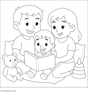 Family reading a storybook together, sharing a quiet moment, ready to be Colored.
