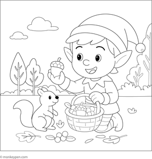 Illustration of an elf gathering berries and acorns in a forest with autumn leaves, for children to color.