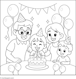 Family celebrating a birthday with a cake and candles, set for coloring.