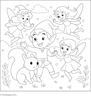 Elf playing with fairies in an enchanted forest, ready for children to color.