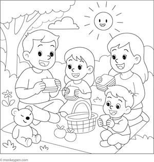Family having a picnic in the park with food and blankets, ready for coloring.