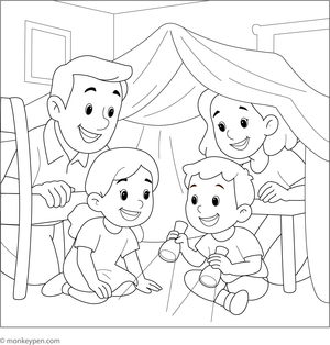 Family constructing a blanket fort indoors, with pillows and blankets, ready to be colored.