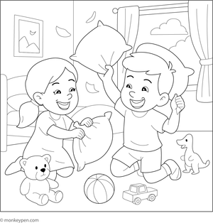 Siblings engaged in a pillow fight or playing with toys, surrounded by cushions and laughter, ready for coloring.