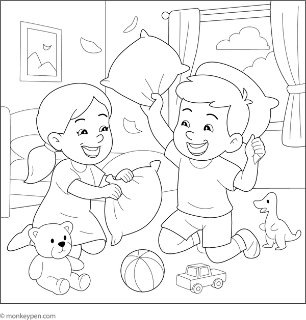 Siblings engaged in a pillow fight or playing with toys, surrounded by cushions and laughter, ready for coloring.