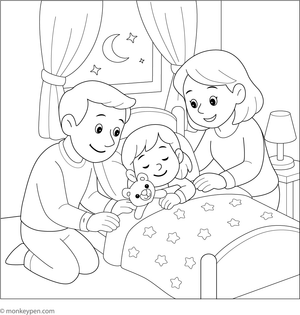 Parents kiss and tuck their child into bed, surrounded by stuffed animals and warm blankets, ready to be colored.