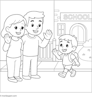 Family waving goodbye at the school entrance as the child heads into school, ready for coloring.