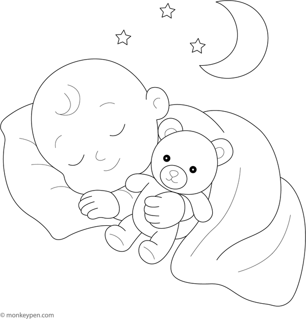 Baby sleeping with a teddy bear, ready to be colored.