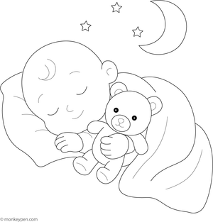 Baby sleeping with a teddy bear, ready to be colored.