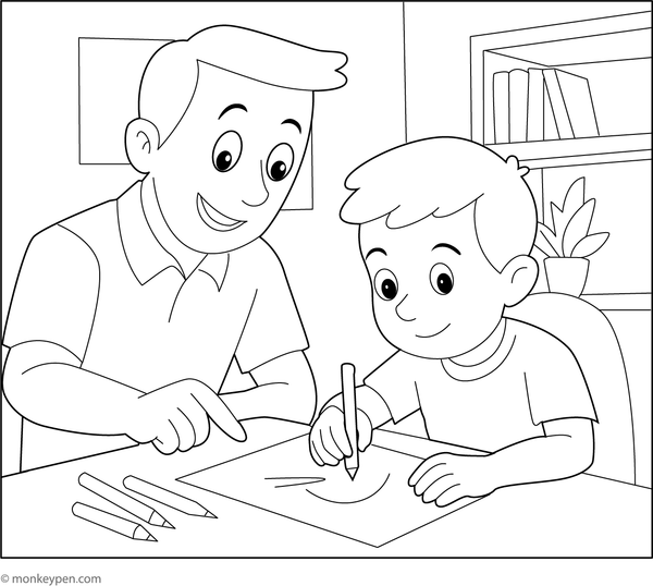 A father helping a child with homework at a desk, surrounded by books and supplies, ready to be colored.