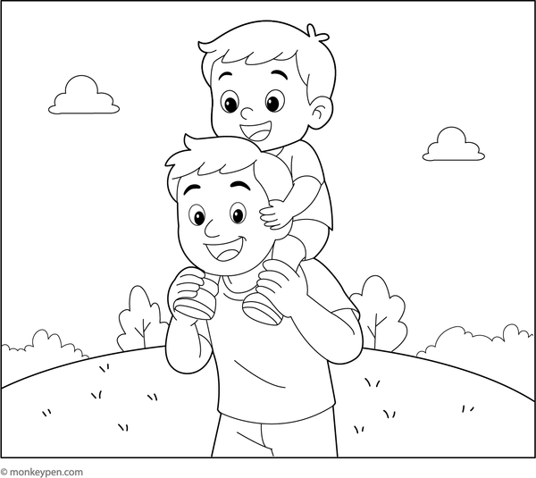 A father carrying his child on his back during a playful outdoor walk, both smiling and ready to be colored.