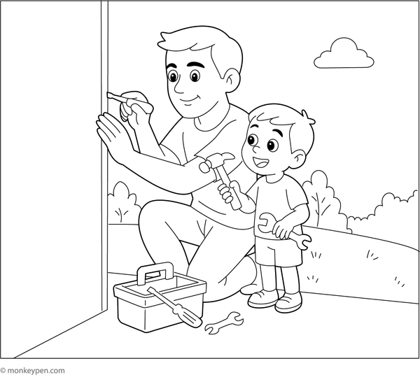 Father working with a toolbox, surrounded by tools and repair items, prepared to be colored.