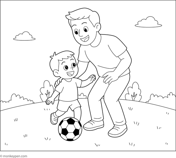 Father instructing a child in a sport, with equipment and outdoor setting, prepared to be colored.