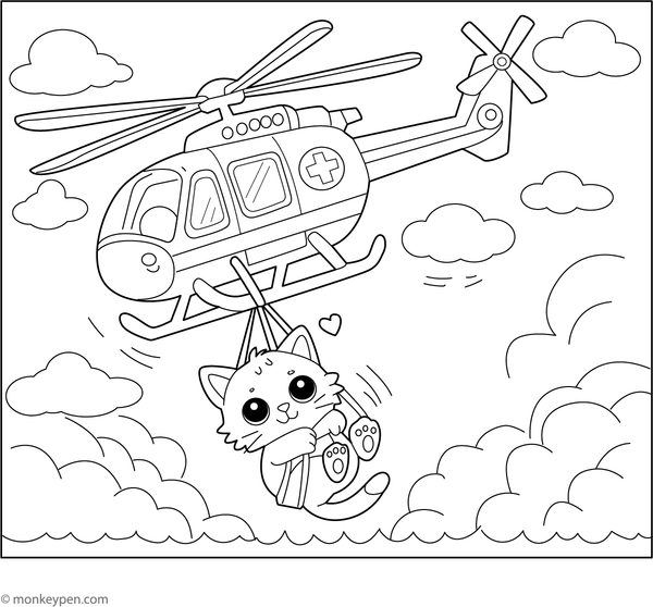 Rescue helicopter saving a kitten from a rooftop, ready for coloring.  