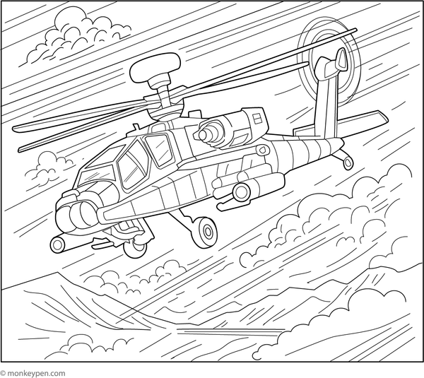 Military helicopter in flight during a mission, ready to be colored.  