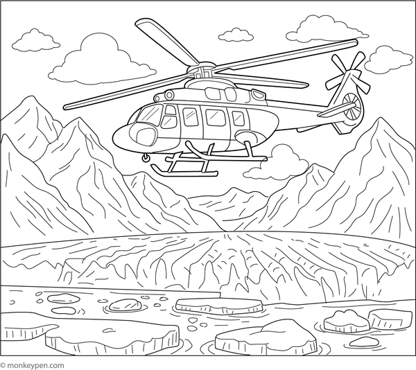 Helicopter flying over an icy glacier with snowy mountains, ready for coloring.