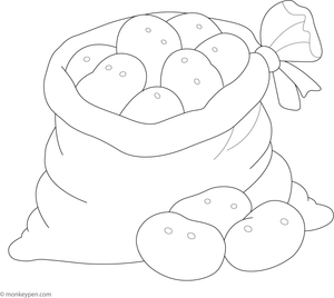 Coloring page of a cloth sack filled with potatoes spilling onto the ground, suitable for children.