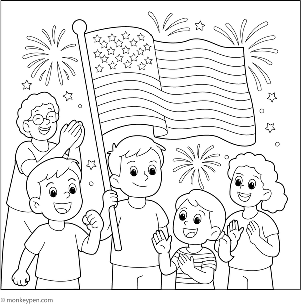 American flag waving with stars and stripes, suitable for colouring.