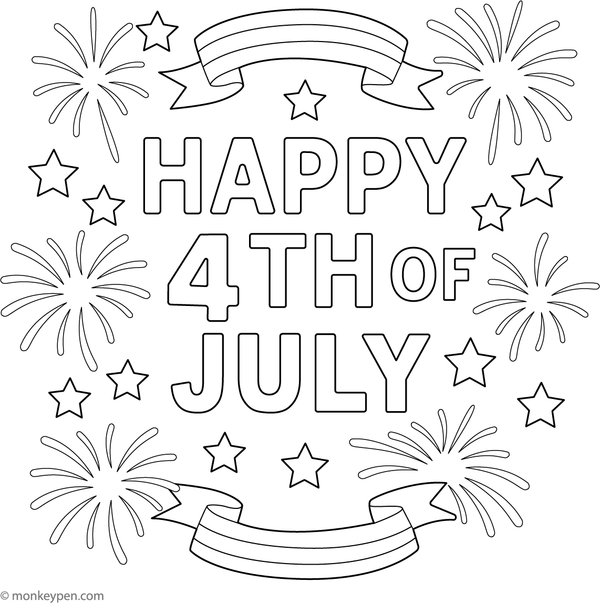 4th of July greeting card with stars, stripes, and fireworks, ready to be coloured.