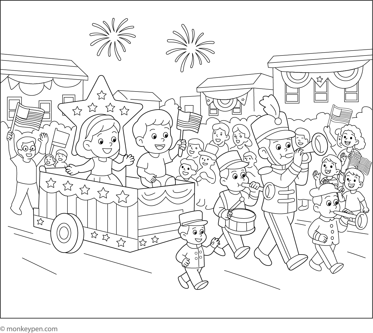 July 4th Parade with Floats | Free Coloring Page