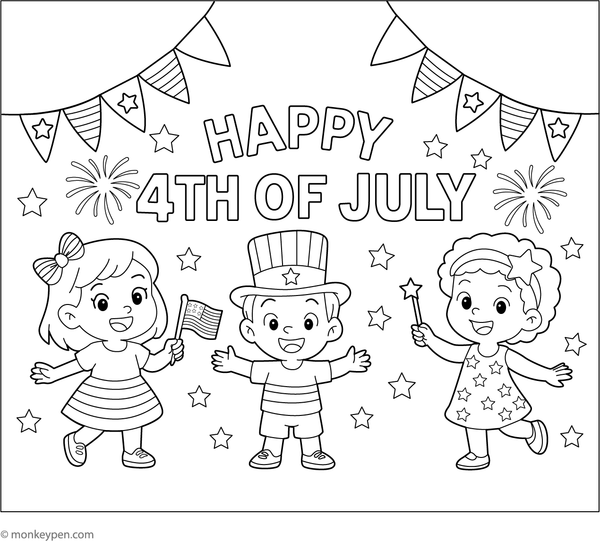 4th of July banner with stars and stripes hanging across a street, ready to be coloured.
