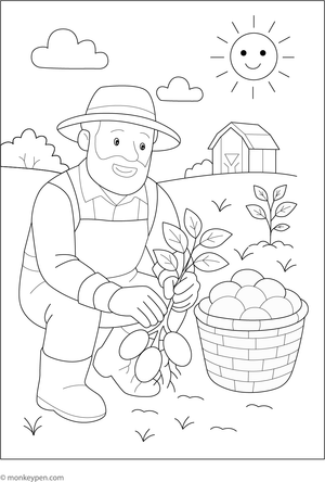 Coloring page of a smiling farmer harvesting potatoes with a basket.