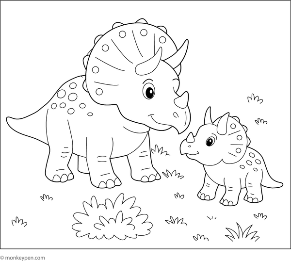 Mother and baby Triceratops sharing a tender moment, ready for coloring.