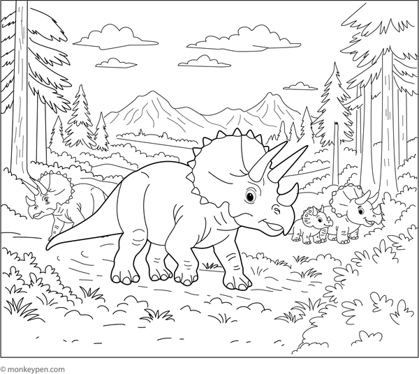 Herd of Triceratops crossing a prehistoric landscape, prepared for coloring.