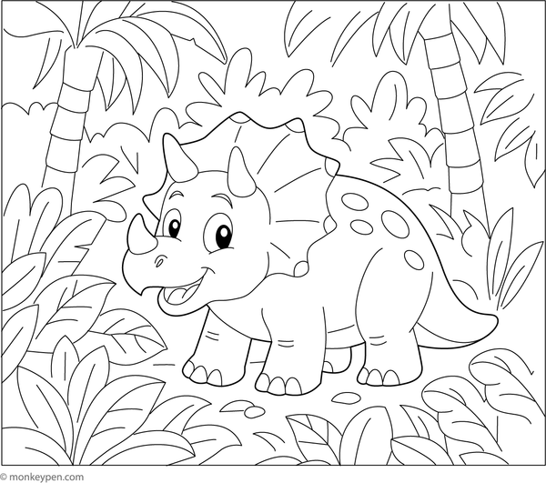 Triceratops walking through a jungle, surrounded by dense plants and trees, ready to be coloured.