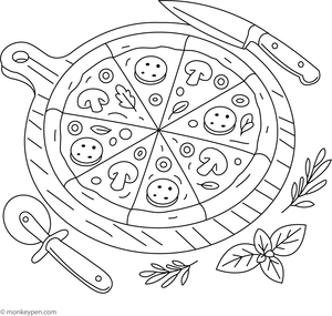 Pizza on a wooden board with assorted toppings, designed for Coloring.