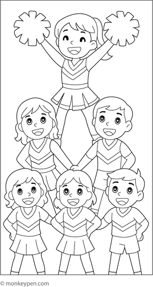 Cheerleaders forming a pyramid, illustrating teamwork and strength, ready for coloring.