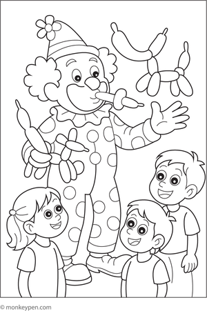Clown making balloon animals, ready for coloring.