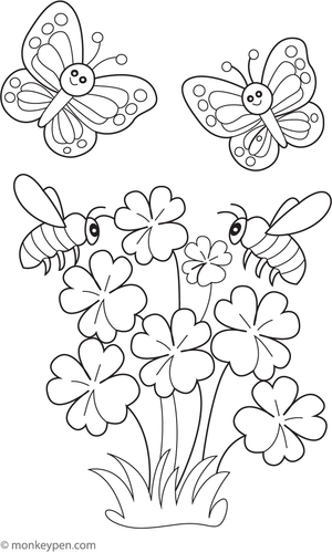 Butterflies and bees flying around shamrocks, ready for coloring.