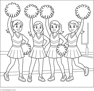 Cheerleaders on the sidelines, ready to cheer, awaiting coloring.