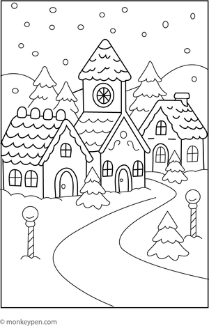 Gingerbread village with decorated houses, ready for coloring.